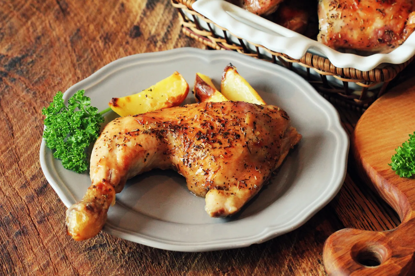 A plate of Roasted Chicken with Gravy and Greens